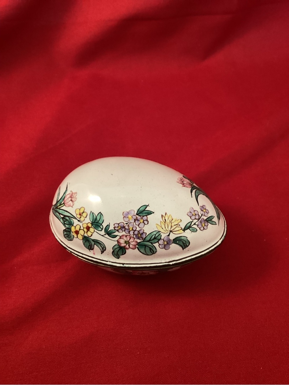 Old small Floral Enamel on copper Egg Trinket Box as is